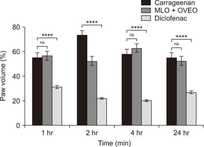 The dynamics of anti-inflammatory effect of liqiud preparation on carrageenan-induced edema. The “0” level means volume of intact paw taken as 100%. Carrageenan – carrageenan induced edema; Diclofenac – Diclofenac solution, IP; MLO + OVEO solution, IP. Data represent mean ± SEM (n = 6 for each group). MLO: Macrovipera lebetina obtusa, OVEO: Origanum vulgare L. essential oil, SEM: standard error of mean, ns: not significant, IP: intraperitoneal. ****P < 0.0001.