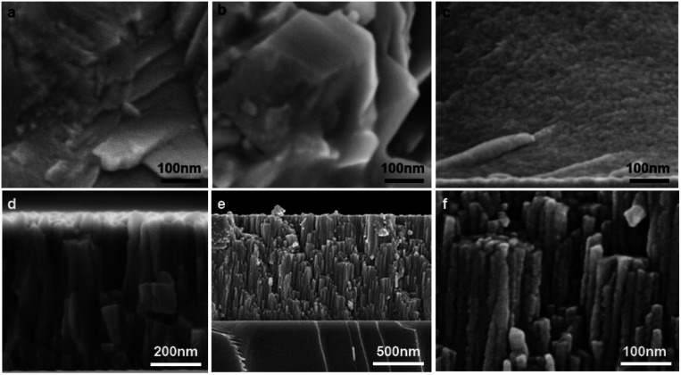 Typical microstructural features of as-grown PbSe films fabricated from various methods at different growth temperatures and O2 pressure. (a) CBD at 80 °C, (b) hydrothermal at 180 °C, (c) CBD at 3 °C, (d) VPD at 130 °C in 5 × 10−3 Pa O2 pressure; (e and f) VPD at 130 °C in 4 × 10−2 Pa O2 pressure.