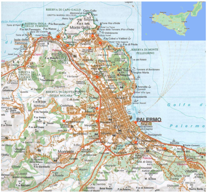 Map of study area. Symbols (yellow stars) indicate sampling localities.