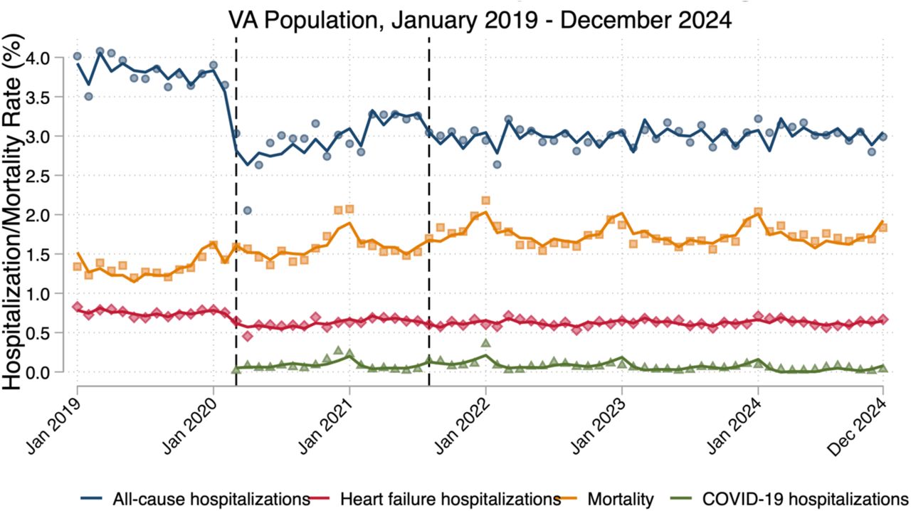 Hospitalization and Mortality Trends Between 2019 and 2024First vertical line indicates transition from pre-COVID to early COVID phase (March 2020). Second vertical line indicates transition from early COVID to late COVID phase (August 2021).