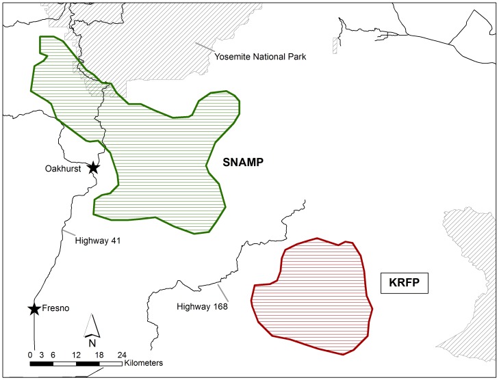 Enlarged map of fisher (Martes pennanti) project areas for the southern Sierra Nevada population: the Sierra Nevada Adaptive Management Project (SNAMP) and Kings River Fisher Project (KRFP).