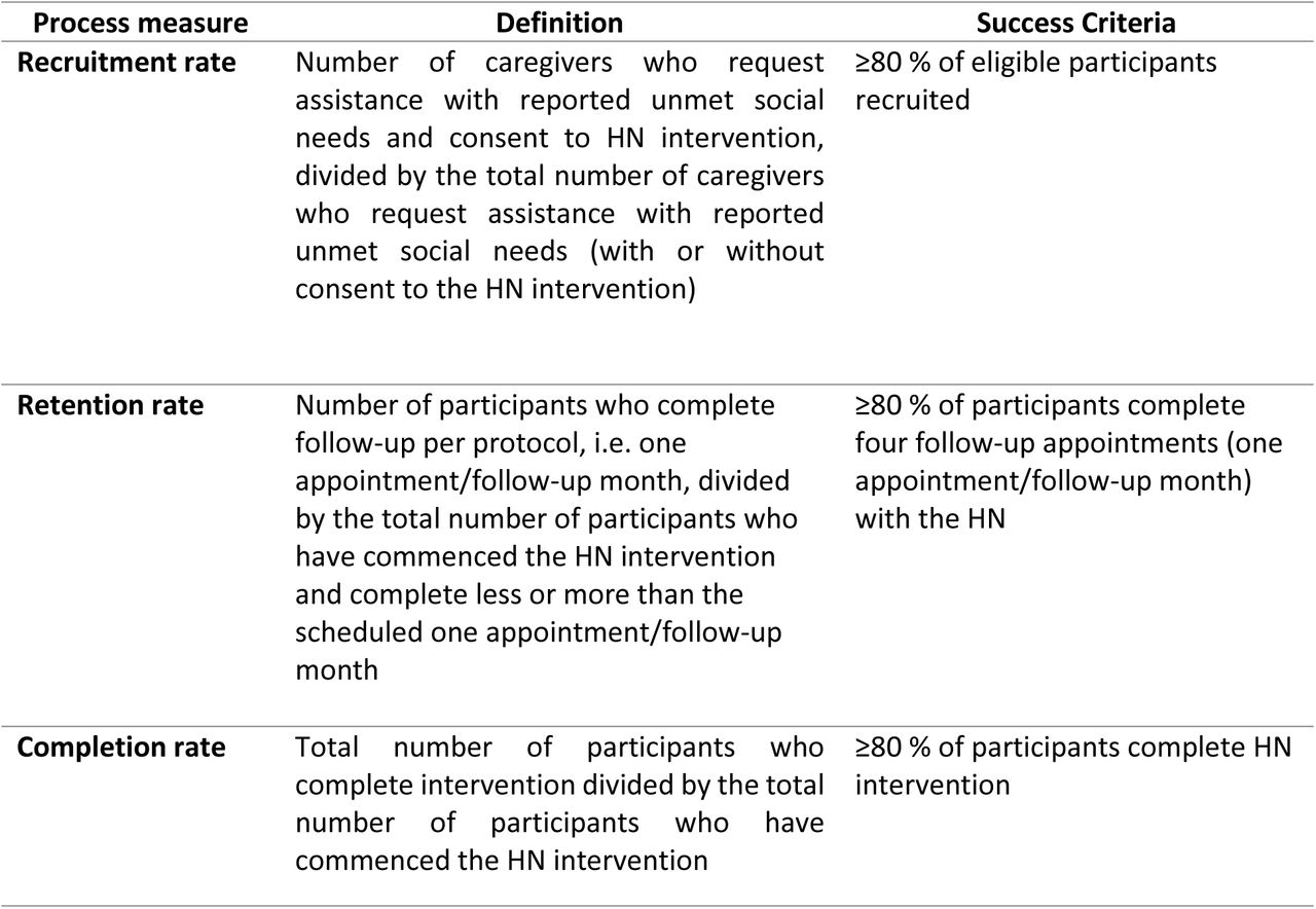 Intervention feasibility as defined by process measures, their definitions and criteria for feasibility success