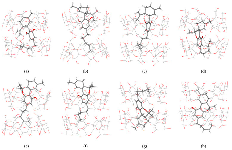 M062X/6-31g(d,p) energy-optimized structure of the 2:1 complex: (a) HH/CBD Conf. III; (b) TT/CBD Conf. IV; (c) TH/CBD Conf. V; (d) HH/THC Conf. III; (e) TT/THC Conf. IV; (f) TH/THC Conf. V; (g) TH/THC Conf. VI; (h) TH/THC Conf. VII.