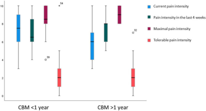 Distribution of pain intensity at present, in the last 4 weeks, maximal pain intensity, and tolerable pain intensity for groups who received treatment with cannabis-based medicine (CBM) for less vs. more than a year.