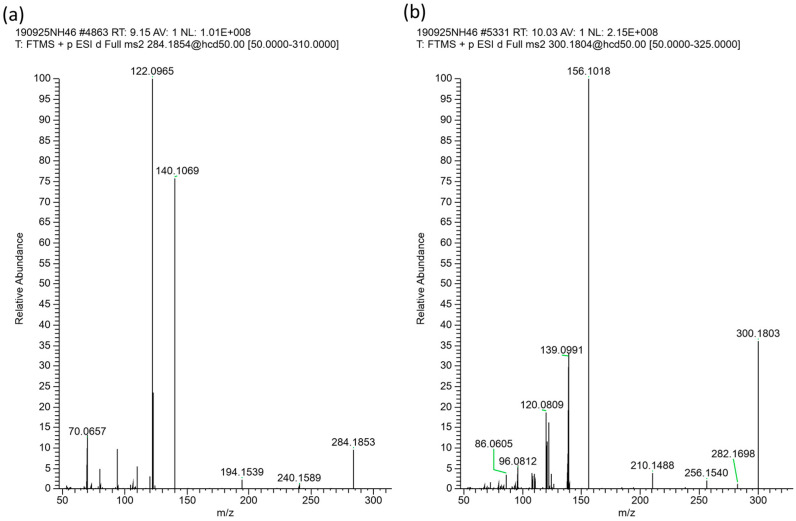 High resolution accurate mass spectra for (a) Ageratum conyzoides peak at 9.15 min tentatively corresponding to supinine (or isomer) MS/MS, (b) Ageratum conyzoides peak at 10.03 min tentatively corresponding to supinine N-oxide (or isomer) MS/MS, matching the mass spectra observed in Malaysian stingless bee honey HI-7 in Figure 2c,d.