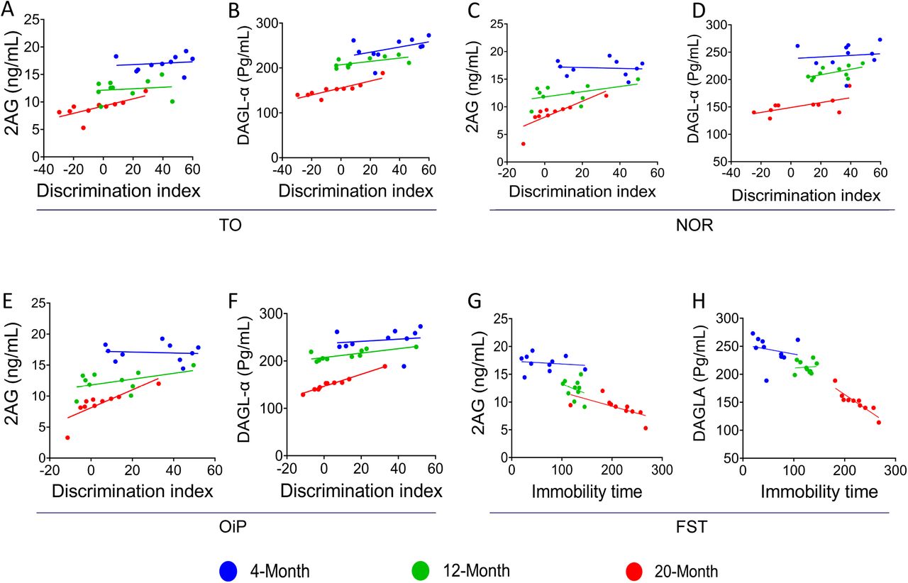 Correlation analysis between cognitive performance and eCB markers in aged mice.An analysis of Spearman’s correlation was conducted to evaluate the association between distinct cognitive performance metrics and the concentrations of 2-AG along with its synthesizing enzyme, DAGL-α. TO task: aging showed a potential correlation with impaired temporal memory and reduced level of 2-AG (A) and DAGL-α (B). NOR task: aged mice exhibited a significant correlation between impaired recognition memory and decreased 2-AG (C) and DAGL-α (D) level. OiP task: no significant correlation was observed between object in place memory and 2-AG (E) or DAGL-α (F) levels. FST: levels of 2-AG (G) and DAGL-α (H) are significantly correlated with enhanced depressive-like behavior in aged mice. Data are presented as linear regression. N = 10 mice per group. 2-AG: 2-Arachidonoylglycerol; DAGL-α: Diacylglycerol lipase-alpha; TO: Temporal Order; NOR: Novel Object Recognition; OiP; Object in Placemnt, FST: Forced Swim Test