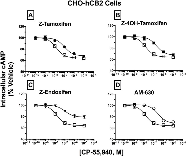 Antagonism of CP-55,940 inhibition of forskolin-stimulated AC activity by SERM isomers in intact CHO-hCB2 cells.CHO-hCB2 cells were pre-incubated for 30 min with receptor saturating concentrations of individual SERMs and were co-incubated for 7 min with increasing concentrations of the agonist CP-55,940. Measurements of CP-55,940 effects alone on potency (IC50) and efficacy (EMAX) of intracellular cAMP were obtained and were compared to the shifts in IC50 and EMAX values observed in [A-D]. All IC50, EC50, and KB values (mean ± SEM) were derived from non-linear regression analysis of the curves shown in [A-D] and are presented in Table 4 with statistical analysis. Open squares represent the concentration-effect curve for CP-55,940 alone, while filled symbols represent the action of CP-55,940 in the presence of the SERM indicated [A-C] or the selective CB2R inverse agonist AM-630 [D].