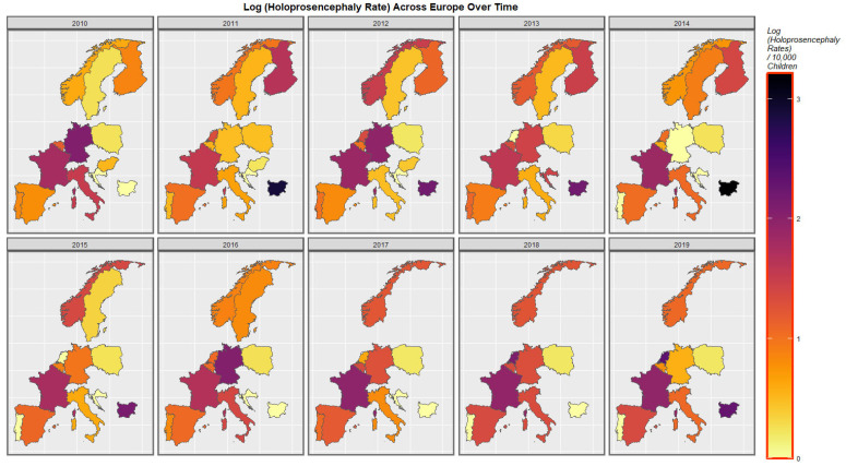 Log Holoprosencephaly Rate Over Time. Caption: Sequential map-graphs of the log (holoprosencephaly rates) across the surveyed European nations over time 2010–2019.