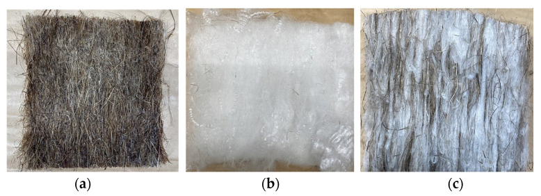 (a) Hemp fiber mats with Palonot; (b) carded PLA fiber mat; (c) carded mix of hemp (50 wt.%) and PLA fibers without F1.