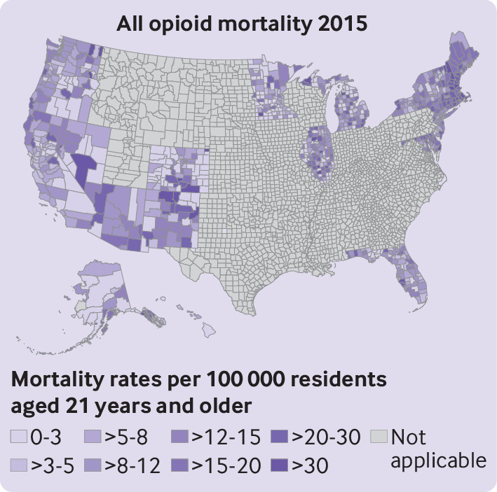Age adjusted mortality rates related to all opioid types at county level for 23 states that allowed legal storefront dispensary operations (plus District of Columbia) for 2015. Mortality rates per 100 000 residents aged 21 years and older