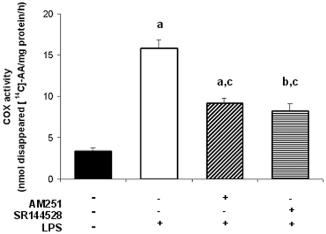 LPS-induced COX-2 activity is mediated by endocannabinoids.Uterine explants were incubated with LPS alone (1 ug/ml), LPS plus AM251 (10 nM) or LPS plus SR144528 (10 nM) for 24 h and COX-2 enzyme activity was determined by measuring the disappearance of the radiolabelled substrate [14C]-AA. Enzyme activity is reported as nmol of disappeared [14C]-AA/mg protein/h. ANOVA test. a, p<0.001 vs control; b, p<0.01 vs control; c, p<0.001 vs LPS; n = 4.
