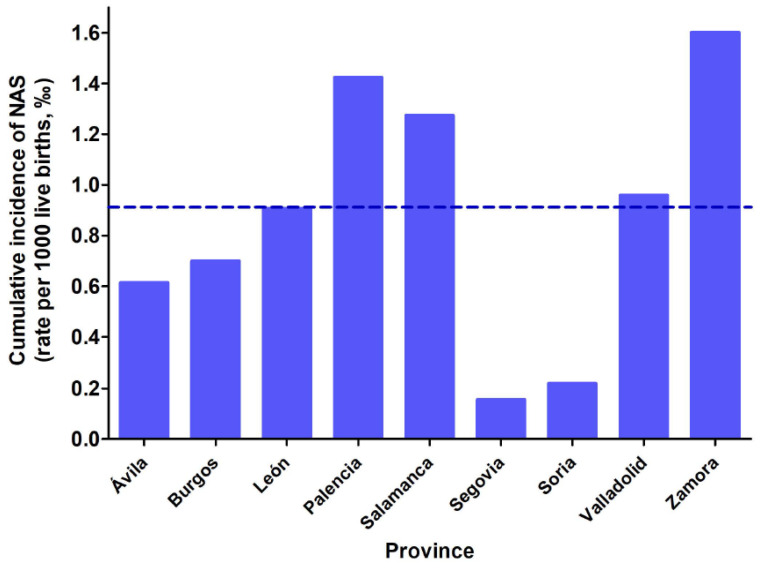 Cumulative incidence of NAS (expressed as rate per 1000 live births, ‰) in the nine provinces of Castilla y Leon between 2000 and 2019. The dashed horizontal line represents the cumulative incidence for the entire region between 2000 and 2019 (0.912‰).