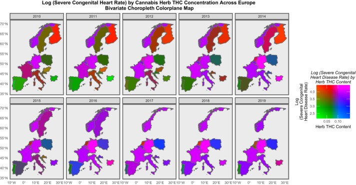 Bivariate colorplane sequential map-graphs of log (rates of severe CHD) by cannabis herb THC concentration across selected European countries over time, 2010–2019