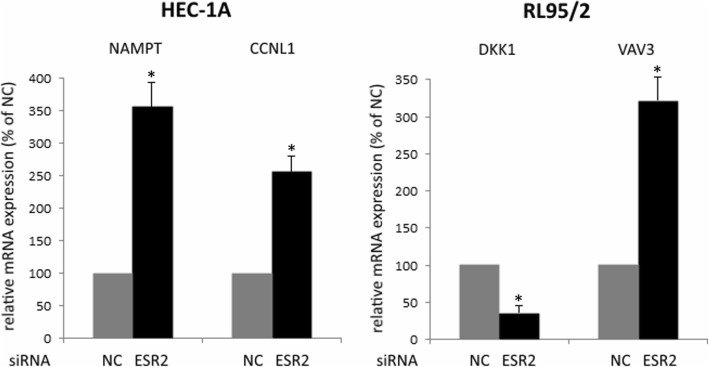 DNA microarray data verification by means of RT-qPCR analysis of the indicated genes. Shown is the relative gene expression 96 h after transfection with negative control (NC) or ESR2 siRNA, expressed in percentage of their mRNA levels in NC-transfected cells. RT-qPCR data were processed using the ΔΔC(T) method (n = 3)