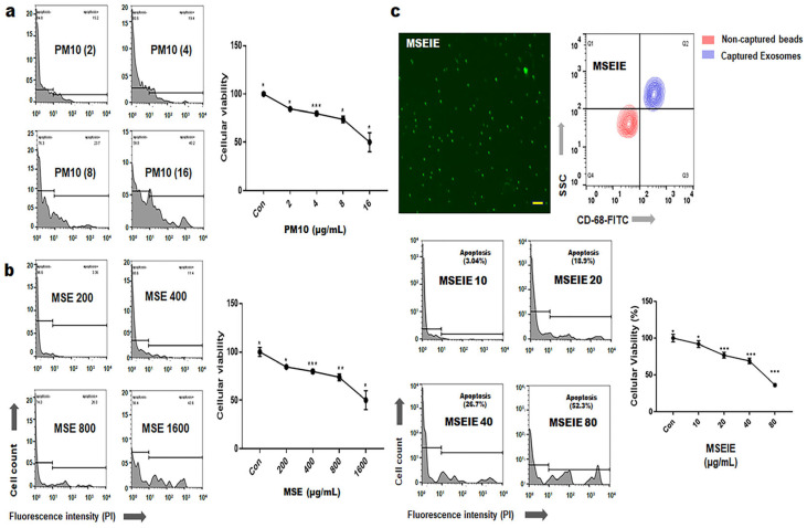 Treatment dosages of fine dust, mature stem extract (MSE), and MSE-induced exosomes (MSEIEs). (a,b) Cytotoxic concentration (CC50) of fine dust (PM10) and MSE in gingival cells. (c) MSEIEs treatment dose in periodontal ligament stem cells (PDLSCs). Con; control, (* p < 0.05; ** p < 0.01; *** p < 0.001) (scale bar = 20 μm).