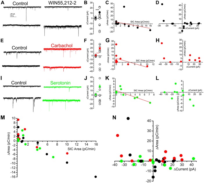 SICs are uniformly involved in several neuromodulatory actions and represent a mechanism largely independent from tonic currents. (A–D) Actions of WIN55,212-2 (CB1 receptor agonist; 1 μM) on SICs and tonic currents of PPN neurons. (A) Two representative voltage clamp traces under control conditions in nominally magnesium-free ACSF) and in the presence of WIN55,212-2. (B) Statistical summary of changes in the tonic current elicited by WIN55,212-2. The first dataset of hollow circles represents the spontaneous fluctuation of the baseline, whereas the second dataset shows changes elicited by WIN55,212-2. Black dots represent the average ± SEM of the absolute values of the two datasets (***p < 0.001). (C) Changes of SIC areas in the presence of WIN55,212-2 (“ΔArea”) plotted against SIC areas under control conditions (“SIC Area”). Black dots represent individual data; the red line is the result of the linear fit. (D) Changes of the areas of SICs (“ΔArea”) in the presence of WIN55,212-2 plotted against tonic changes of the holding current (“ΔCurrent”; n = 14). (E–H) Actions of the muscarinic agonist carbachol (50 μM) on SICs and tonic currents of PPN neurons with a similar arrangement as on panels (A–D; n = 11; ***p < 0.001). (I–L) Effects of serotonin (10 μM) on SICs and tonic currents of PPN neurons (n = 12); ***p < 0.001. (M,N) Summary of all investigated neuromodulatory actions on SICs and tonic currents. (M) Changes of SIC areas in the presence of neuromodulatory drugs (“ΔArea”) plotted against SIC areas under control conditions (“SIC Area”). (N) Changes of the areas of SICs (“ΔArea”) in the presence of neuromodulatory drugs (black: WIN55,212-2, red: carbachol; green: serotonin) plotted against tonic changes of the holding current (“ΔCurrent”).