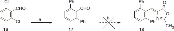 Reagents and conditions: (a) phenylboronic acid, Pd2(dba)3, Cs2CO3, Cy3P 20% toluene, dioxane, 100 °C; b) N-acetylglycine, Ac2O, CH3COONa, reflux.