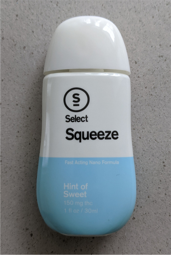 This image displays a front view of the select squeeze bottle and forward-facing product label including the name of the device, flavor of the beverage additive “Hint of Sweet”, total THC, and volume per container. The device uses a child-resistant safety cap