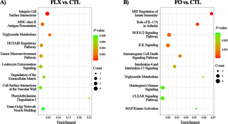 Top canonical pathway analysis according to differential proteome in placenta FLX or FO vs. CTL. Proteome analysis in placenta of dairy cows supplemented pre-partum with (i) CTL – encapsulated saturated fat, (ii) FLX – encapsulated flaxseed oil providing ALA, or (iii) FO – encapsulated fish oil providing EPA and DHA. (A) FLX vs. CTL and (B) FO vs. CTL. Enrichment (X-axis) is calculated by dividing the number of DAPs (|FC| ≥ 1.5) assigned to a particular pathway by the total number of molecules within that pathway. P-value (threshold of ≤ 0.05) is depicted by color scale. Plots were generated using SRplot [41]