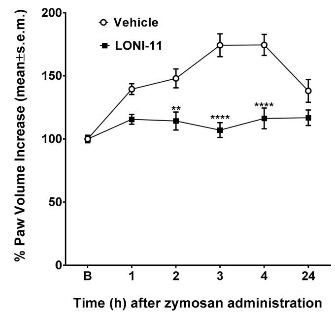 Effects of vehicle (V, saline containing 0.9% NaCl in the ratio DMSO:saline 1:3 (v/v)), and LONI11 on zymosan-induced edema. Zymosan (2.5% w/v in saline, 20 μL) was subcutaneously administered in the dorsal surface of the right hind paw. Drugs were administered subcutaneously in the dorsal surface of the right hind paw at the dose of 100 μg/20 μL, 15 min before zymosan. Paw volume was measured 1 h before zymosan and 1, 2, 3, 4 and 24 h thereafter. The paw volume increase was evaluated as the percentage between the paw volume at each time-point and the basal paw volume. The results obtained are expressed as the mean ±S.E.M.; ** is for p < 0.01 and **** is for p < 0.0001 vs. V. N = 6.