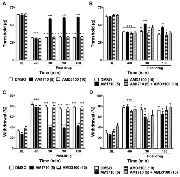 CXCR4 signaling did not contribute to either chemotherapy-induced neuropathy or CB2 agonist efficacy. The CXCR4 antagonist AMD3100 (10 mg/kg i.p.) failed to suppress the maintenance of cisplatin- (A, C) or paclitaxel- (B, D) evoked mechanical (A, B) and cold (C, D) allodynia. The CXCR4 antagonist AMD3100 (10 mg/kg i.p.) did not alter antinociceptive efficacy of the CB2 agonist AM1710 (5 mg/kg i.p.) in suppressing paclitaxel-induced mechanical (B) and cold (D) allodynia. ***P < 0.001, **P < 0.01, *P < 0.05 vs. DMSO vehicle, One-way ANOVA followed by Dunnett post hoc test. +P < 0.05 vs. DMSO vehicle, planned t-test. xxxP < 0.001, xxP < 0.01, xP < 0.05 vs. AM1710 (5 mg/kg), Bonferroni post hoc test. $$P < 0.01, $P < 0.05 vs. pre-drug baseline (−60 min), paired t-test. ###P < 0.001 vs. baseline (BL) prior to cisplatin/paclitaxel treatment, repeated measures ANOVA.