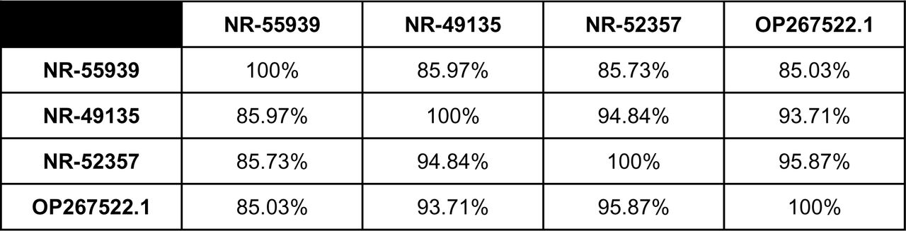 Percent identity matrix between three EV-D68 positive controls and contemporary reference genome using the newly developed tiled amplicon sequencing panel.NR49135 (Isolated 2014, Subclade B1), NR52357 (Isolated 2018, Subclade B3), NR55939 (Isolated 2020, Subclade D), and the reference genome OP267522.1 used to develop the tiled amplicon sequencing scheme (Isolated 2021, Subclade B3).
