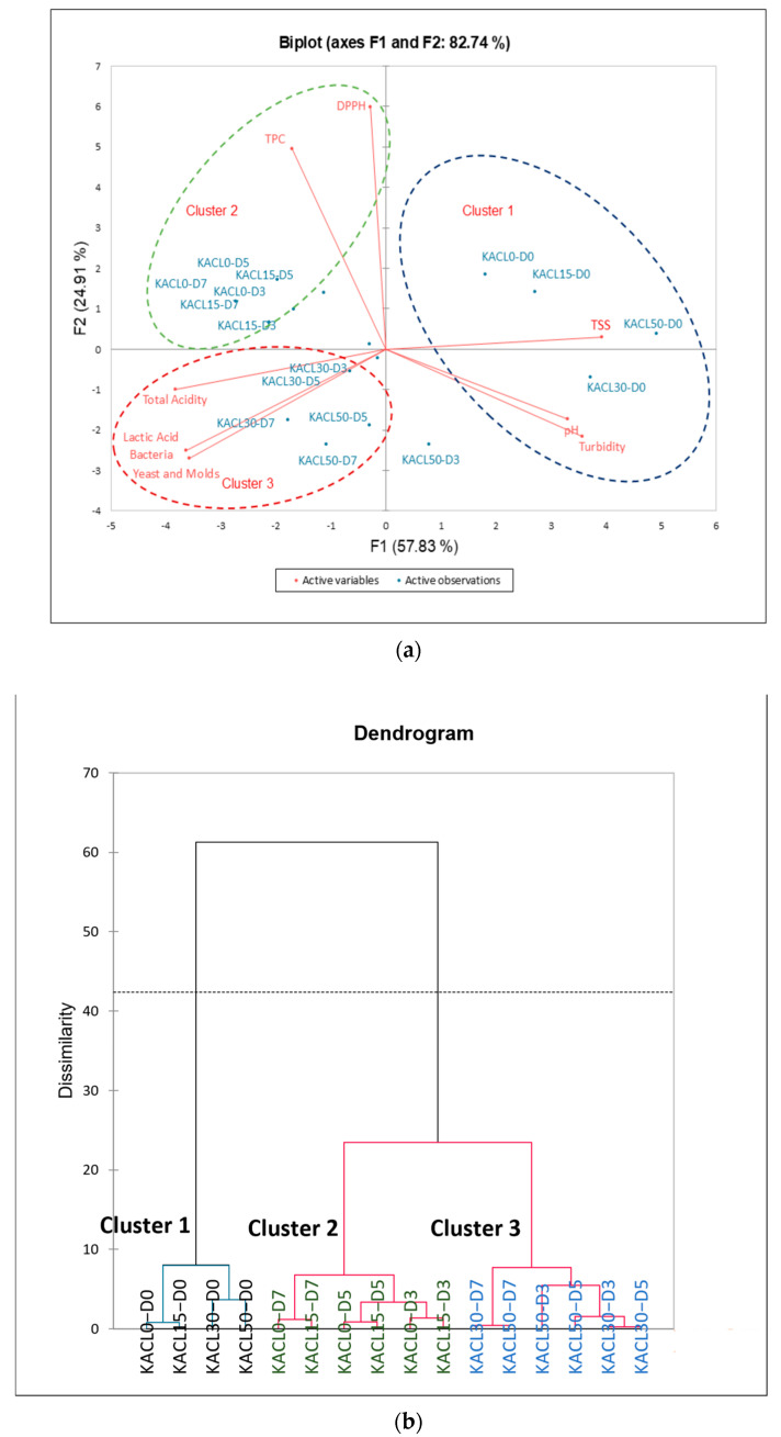 Clustering of kombucha treatments based on quality characteristics changes and microbial growth (a) PCA (b) HCA.