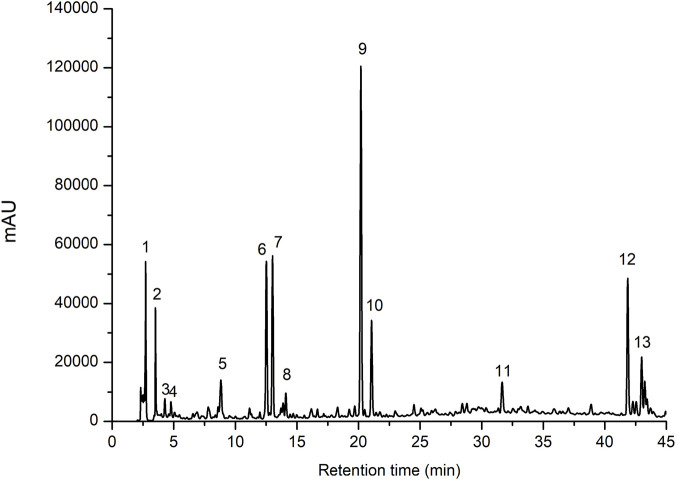 Chromatogram depicting a series of peaks representing different compounds, measured in milli-Absorbance Units (mAU) against retention time in minutes. Peaks are numbered from one to thirteen, with the largest peak at number nine around twenty-one minutes. The x-axis shows retention time from zero to forty-five minutes, and the y-axis shows millli-Absorbance Units from zero to one hundred forty thousand.