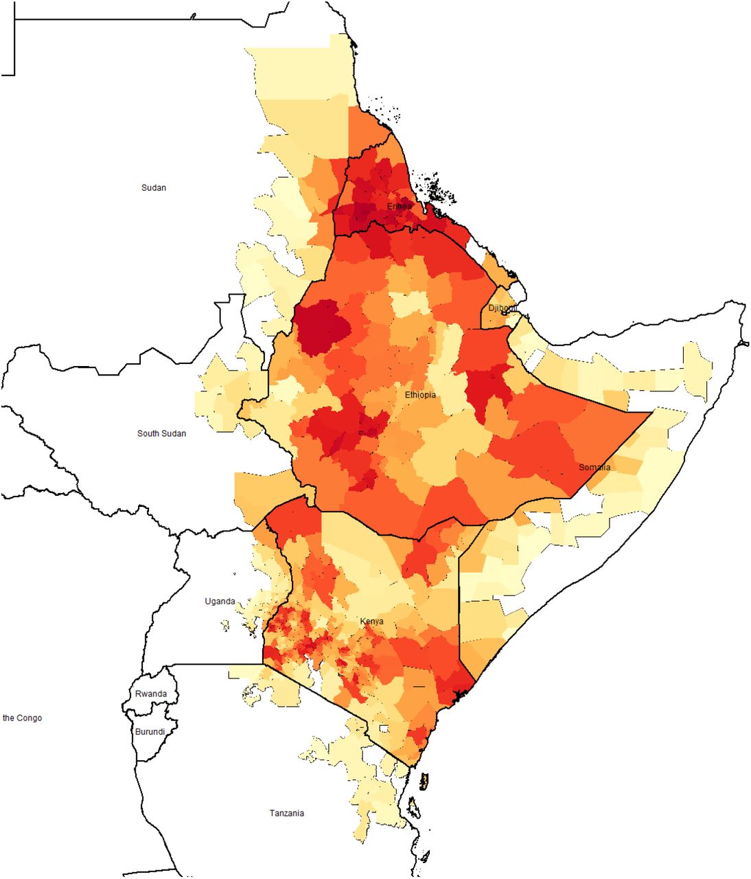 Mean relative risk of YFV introduction in second administrative locations given start locations in neighbouring countries where red indicates high risk and white/yellow indicates no/low risk. Median estimates and starting locations are shown in the supplementary material.