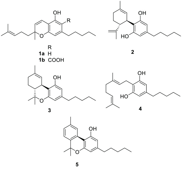 Structures of CBC (1a), CBCA (1b), CBD (2), Δ9-THC (3), CBG (4), and CBN (5).