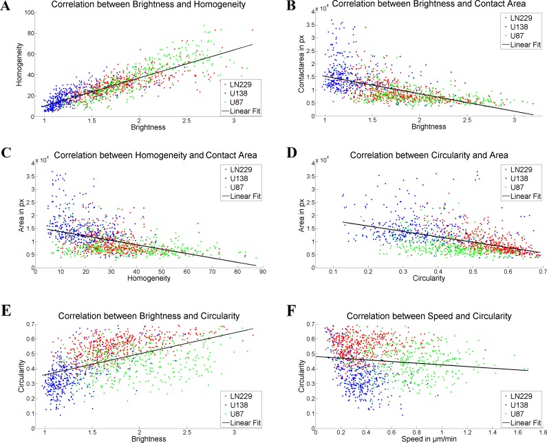 Correlation of single cell parameters.A) shows the correlation between apparent brightness and homogeneity of the three cell lines, with an correlation coefficient of r = 0.848 [0.831;0.863]. B), C), D), E) and F) illustrate the correlation between the single cell parameters brightness and contact area, homogeneity and contact area, circularity and contact area, brightness and circularity as well as cell speed and circularity, with correlations coefficients of r = -0.576 [-0.612;-0.536], r = -0.456 [-0.500;-0.410], r = -0.480 [-0.522;-0.435], r = 0.516 [0.473;0.556] and with r = -0.122 [-0.177; 0.066], respectively. Red dots correspond to LN229 cells, blue ones to U138 cells and green dots to U87 cells. The black line corresponds to the respective linear fit.