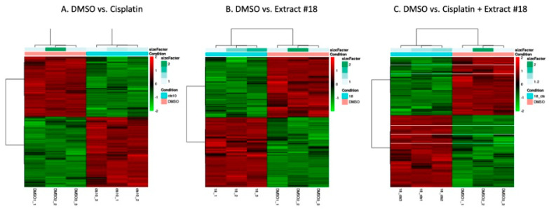 Hierarchical clustering heatmap analysis of the differentially expressed genes with fold change over 1.5 and adjusted p–values < 0.05 for (A) DMSO versus cisplatin, (B) DMSO versus extract #18, and (C) DMSO versus cisplatin + extract #18 in the HT-29 CRC cell line. The x–axis shows non-supervised clusters between the two treatment groups. The DMSO_1, DMSO_2, and DMSO_3 are independent replicates for DMSO, cis10_1, cis_2, and cis10_3 are replicates for cisplatin 10 μM, 18_1, 18_2, and 18_3 are replicates for extract #18, and 18_cis1, 18_cis2, and 18_cis3 are for combination of cisplatin with the extract #18. The y–axis shows differentially expressed genes. The fold changes in upregulated genes are in the red spectrum, and the downregulated genes are represented in the green spectrum. The heatmap was generated using R software.