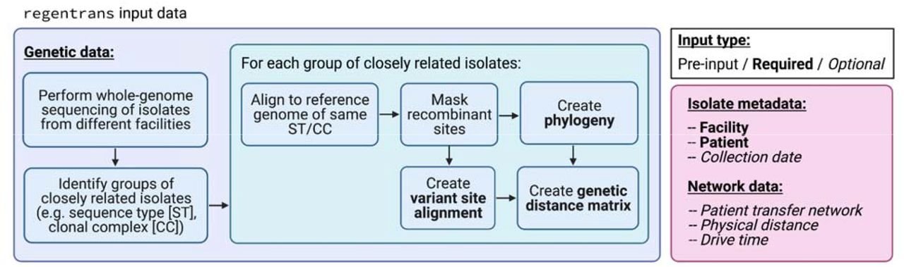 regentrans input data.Required and optional isolate genetic data and metadata for using regentrans. Figure created on BioRender.com.