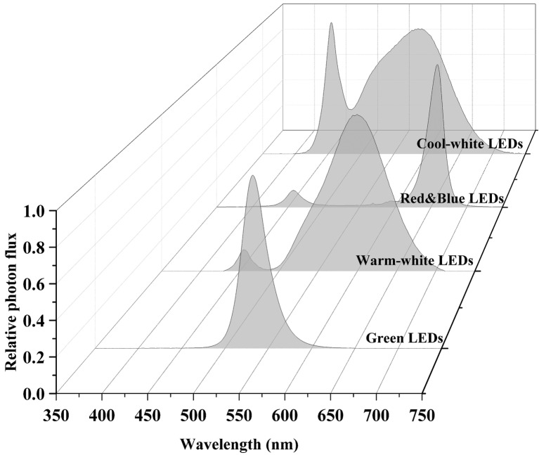 Different LED light spectra. Data were collected using a spectroradiometer (PS-300, Apogee, UT).