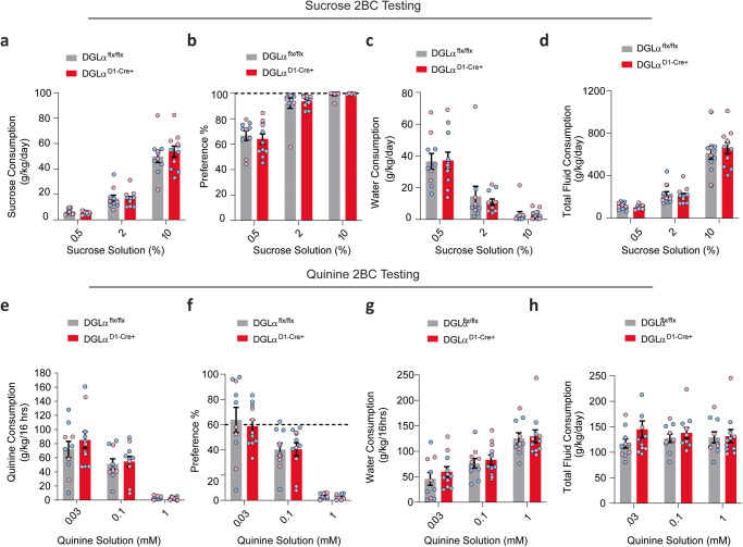 DGLα D1 Cre+ knockout mice display similar taste preference and aversion for sweet- and bitter-flavored solutions.Summary bar graph depicting DGLα flx/flx mice in gray and DGLα D1 Cre+ mice in red. Individual differences between males (blue circles) and female (pink circles) are shown. a Sucrose consumption, (b) preference, (c) water consumption, and (d) total fluid consumption during two bottle choice testing for increasing concentration of sucrose solutions. e Quinine consumption, (f) preference, (g) water consumption, and (h) total fluid consumption during quinine two bottle choice testing. All data reported as mean ± SEM.