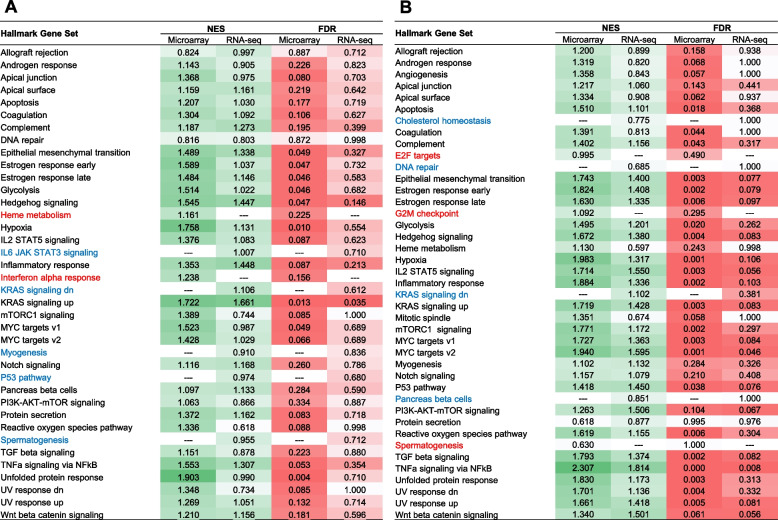 Gene set enrichment analysis (GSEA) for CBC (A) and CBN (B). The names of hallmark gene sets enriched by both platforms are shown in black. Those enriched only by microarray are shown in red and those only by RNA-seq in blue. The normalized enrichment score (NES) and false discovery rate (FDR) are listed for each enriched gene set and color-shaded based the NES and FDR values. Dark green indicates high NES score and light green low NES score, whereas dark red indicates low FDR value and light red high FDR value
