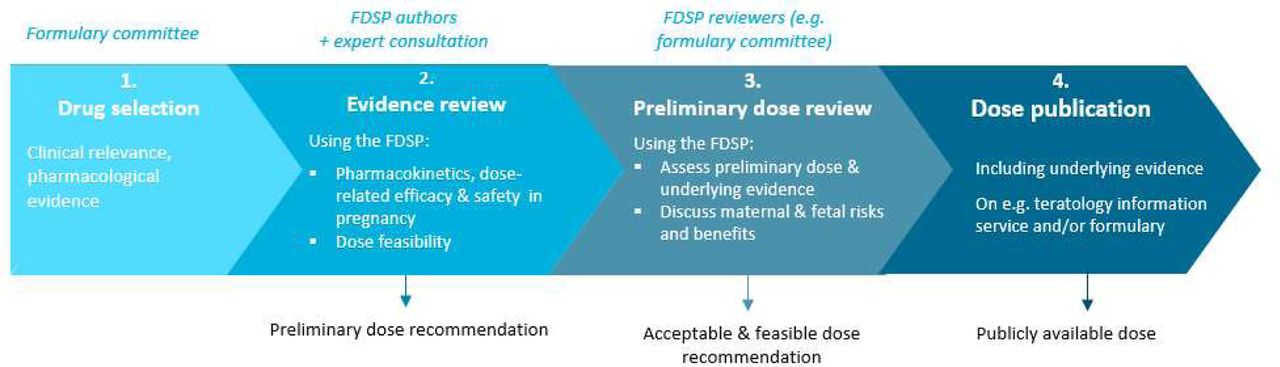 Steps for issuing an antenatal dose using the Framework for Dose selection in PregnancyFDSP: Framework for Dose selection in Pregnancy, MELINDA: model-informed dosing for all