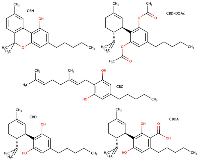 Chemical structures of the cannabinoids analyzed in this study: cannabinol (CBN) (6,6,9-Trimethyl-3-pentyl-benzo[c]chromen-1-ol); cannabidiol diacetate (CBD-DOAc) ([3-acetyloxy-2-[(1R,6R)-3-methyl-6-prop-1-en-2-ylcyclohex-2-en-1-yl]-5-pentylphenyl] acetate); cannabidiolic acid (CBDA) (2,4-dihydroxy-3-[(1R,6R)-3-methyl-6-prop-1-en-2-ylcyclohex-2-en-1-yl]-6-pentylbenzoic acid); cannabigerol (CBG) (2-[(2E)-3,7-Dimethylocta-2,6-dienyl]-5-pentylbenzene-1,3-diol); and cannabidiol (CBD) (2-[(1R,6R)-6-isopropenyl-3-methylcyclohex-2-en-1-yl]-5-pentylbenzene-1,3-diol).