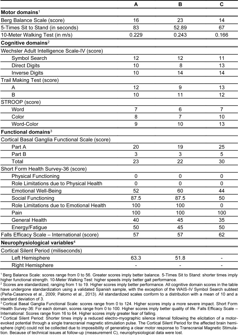 Outcome measures pertaining to each domain evaluation. Score columns A to C correspond to each of the 3 evaluations: baseline, post-intervention and follow-up.