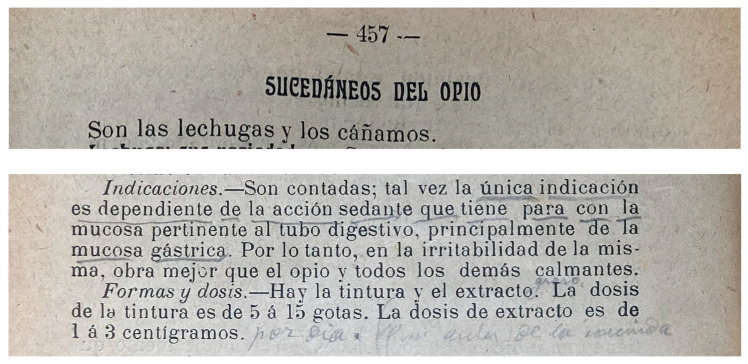 Excerpt from the textbook of Barcelona University rector and professor Valentí Carulla i Margenat (1908), [150] reading: “Opium substitutes./These are the lettuces and the hemps/Indications.––There are few; perhaps the only indication is dependent on the sedative action it has on the mucous membrane of the digestive tract, mainly the gastric mucous membrane. Therefore, in the irritability of the same, it works better than opium and all other painkillers./Forms and doses.—There is tincture and extract. Posology for tincture is 5 to 15 drops. For the extract 1 to 3 centigrams”. Courtesy of Universitat de Universitat de Barcelona (UB), Arxiu Universitari de la Facultat de Medicina–CRAI Hospital Clínic. Licence: © UB.