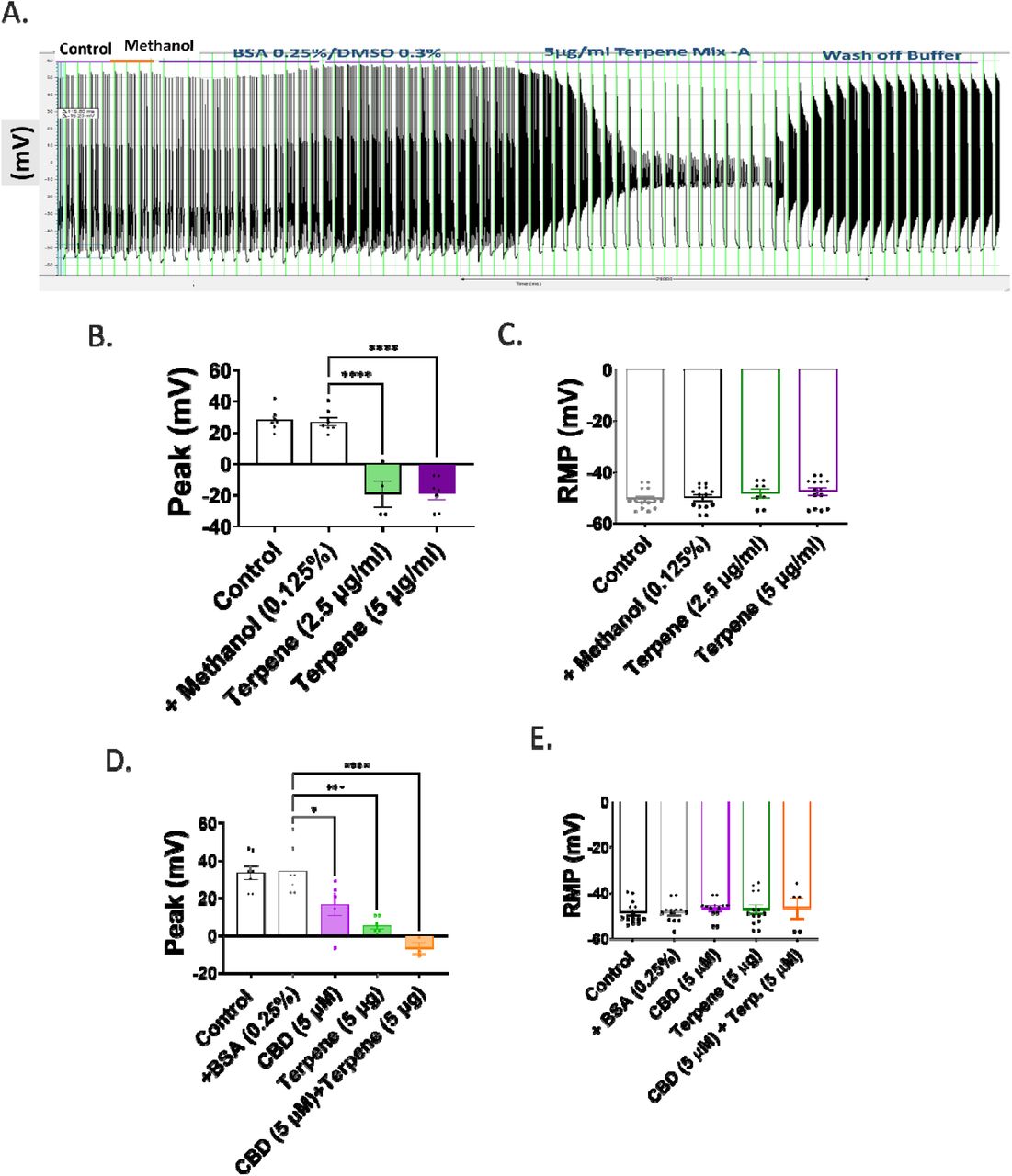 The effect of Terpenes Mixture-A on neuronal firing.(A) Example trace showing block by 5 µg/ml of Terpenes Mixture A. (B) Overlaid traces of the same recording. (C-D) Summary graphs showing the (C) peak action potential amplitude and (D) RMP (n = 4-7). The effects of 0. 125% methanol (vehicle) are also shown. (E and F) Ratiometric analysis showing the synergistic effect between CBD and Terpenes Mixture-A on (E) peak action potential amplitude (AP) and (F) resting membrane potential (RMP; n = 2-7). All washes with 0. 25% DMSO/ 0. 5% BSA. Data presented as mean ± SEM (Individual data points overlaid). *p<0. 05, ***p<0. 001, ****p<0. 0001.
