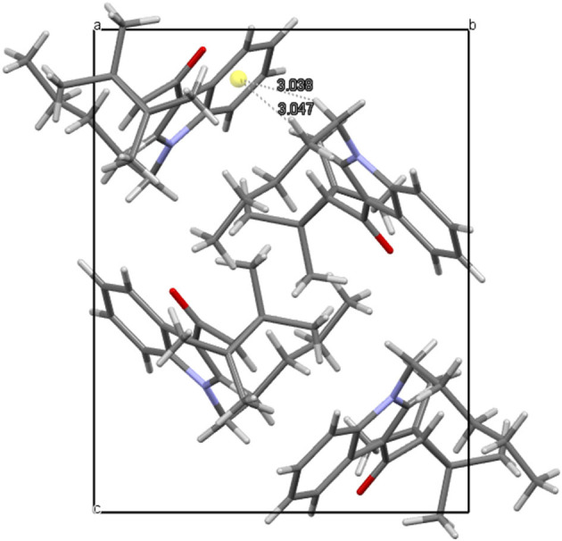 Crystal packing and short interactions in the crystal structure of UR-144. View along [100] direction.
