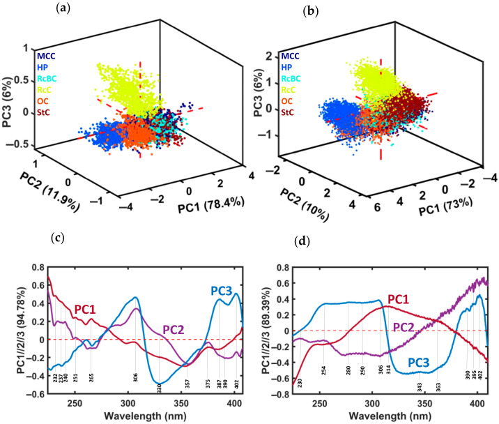 PCA model, calculated using two light sources, XBO and deuterium, with the following scores: (a) PC1 (78.4%) vs. PC2 (11.9%) vs. PC3 (6%) using XBO. (b) PC1 (73%) vs. PC2 (10%) vs. PC3 (6%) using deuterium. (c,d) The corresponding loading plots for XBO and deuterium, respectively.