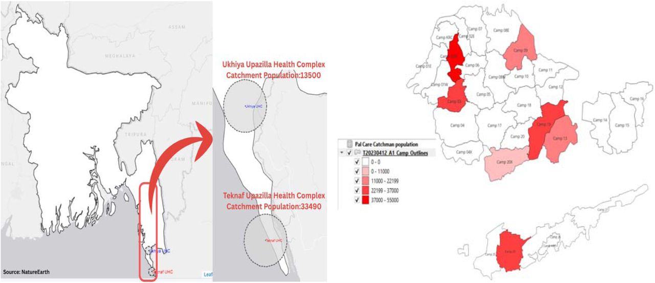 Palliative care catchment area with target population density in camps and in host.