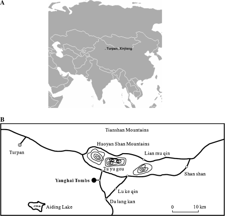Area maps. (A) Map of Turpan, Xinjiang, China and its location in Central Asia. (B) Map of Yanghai Tombs site and surrounding area (adapted from Xinjiang Institute of Cultural Relics and Archaeology, 2004).