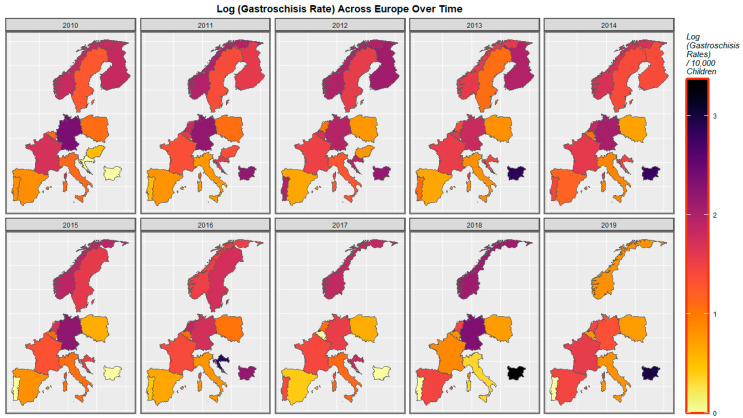 Sequential map-graph of gastroschisis across selected European nations for each year of 2010–2019.