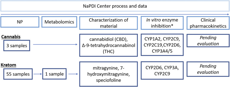 Process and data undertaken by the NaPDI Center for the study of pharmacokinetic NPDIs precipitated by cannabis and kratom. *The Analytical Core did not source or characterize the cannabis study materials, whereas it conducted both investigations for kratom. The purified cannabis study materials were purchased from a commercial vendor.
