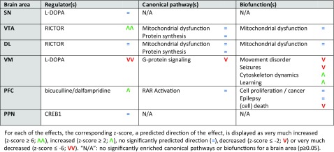 Main effects of physical exercise in MPTP-treated mice (MPTP-treated mice with physical exercise vs. MPTP-treated mice without physical exercise) per brain area