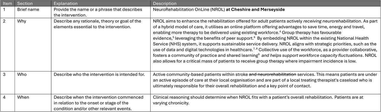 TIDieR-Rehab Checklist for NeuroRehabilitation OnLine (NROL) at Cheshire and Merseyside