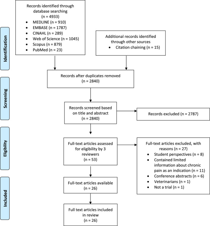 PRISMA flow chart of included and excluded publications regarding the use of medicinal cannabis in chronic pain management.